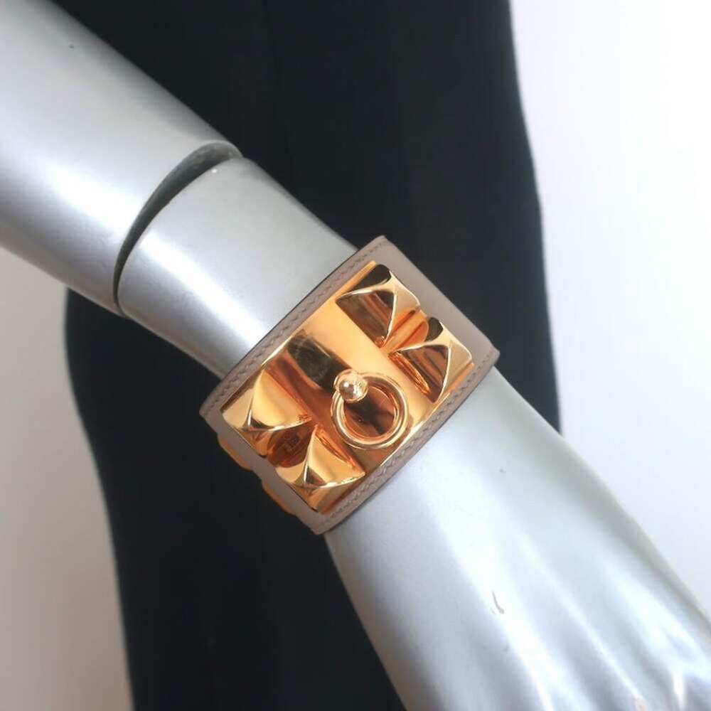 Hermes Collier de Chien PM Cuff Bracelet Taupe Leather Rose Gold Hardware